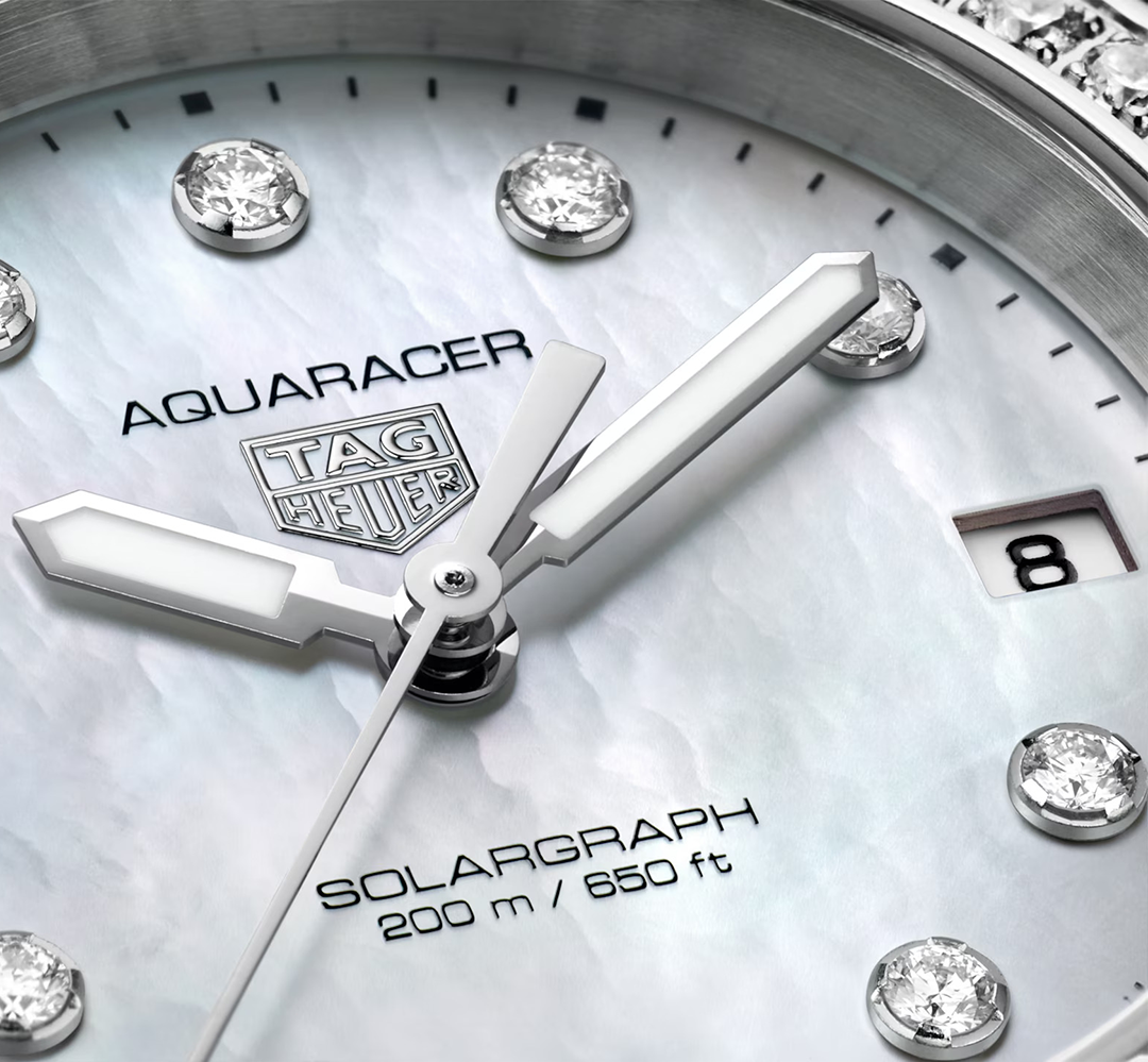 White Mother of Pearl Dial on TAG Heuer Aquaracer Professional 200 Solargraph Watch with Diamonds